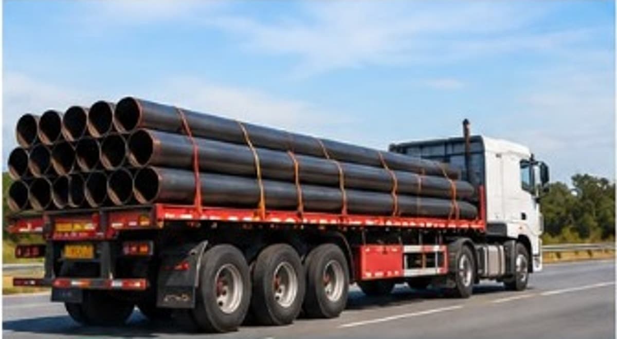 Camião plataforma DongFeng transportando tubagens e materiais de construção — NS Express