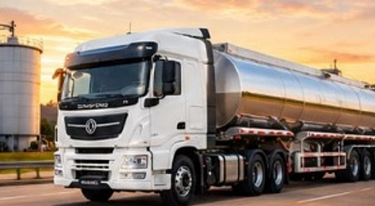 Camião DongFeng de longo curso transportando contentor e material diverso — NS Express